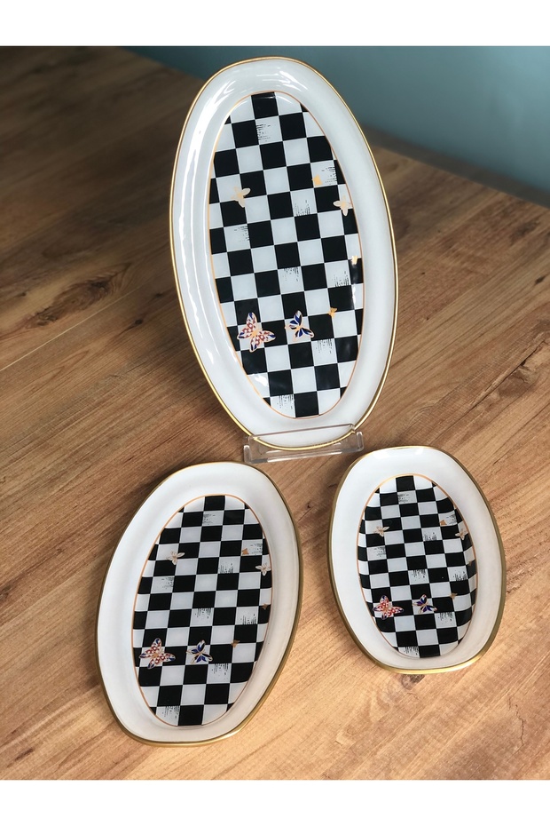 Presentation Checkerboard Patterned Boat Plate Set of 3