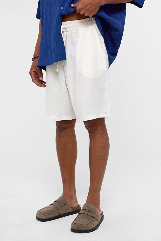 Oversize Keten Şort Beyaz - 1