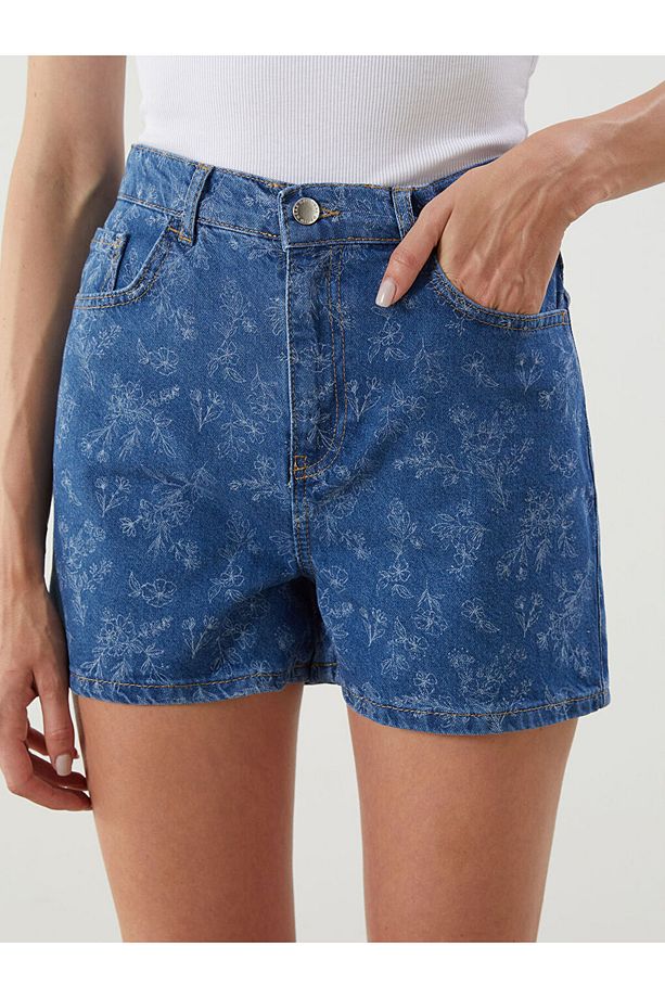 Jeans Indigo Standart Fit Çiçekli Kadın Jean Şort - 3