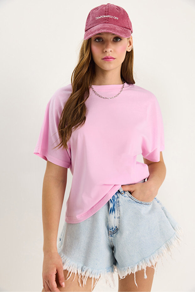 Women's Pink Organic Cotton Regular Fit Crew Neck Basic Short Sleeve T-Shirt 60602048