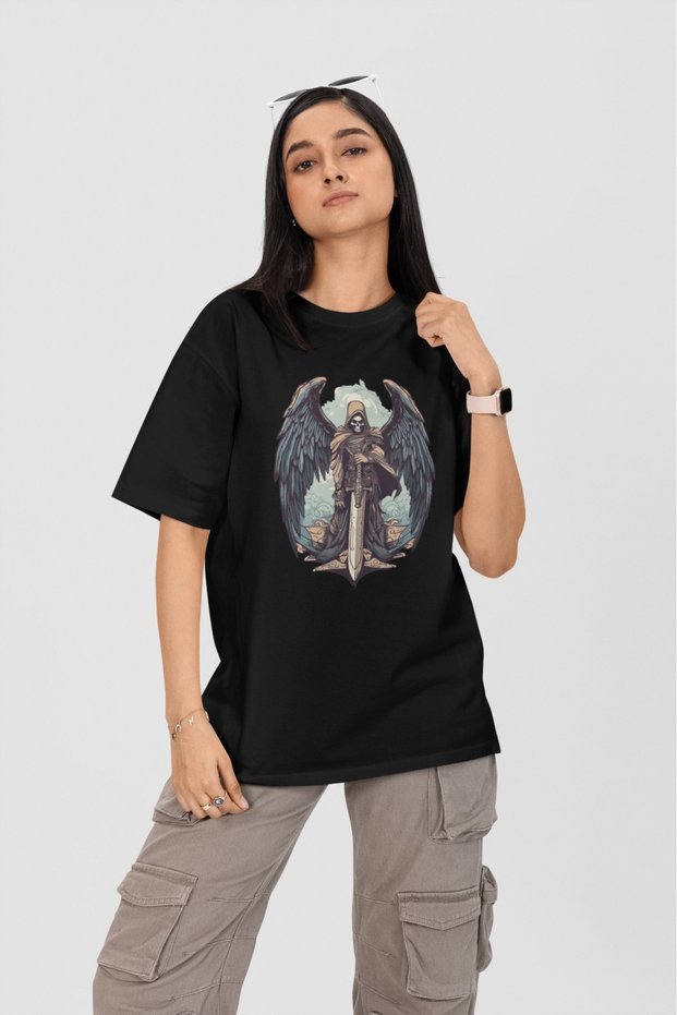 Unisex Men/Women Grim Reaper Angel Printed Colorful Printed Oversize 100% Cotton T-Shirt