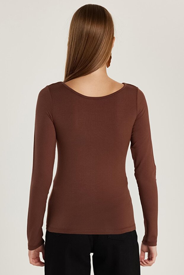 Kadın Slim Fit Dar Kesim Uzun Kollu Viskon Kahverengi Bluz - 6