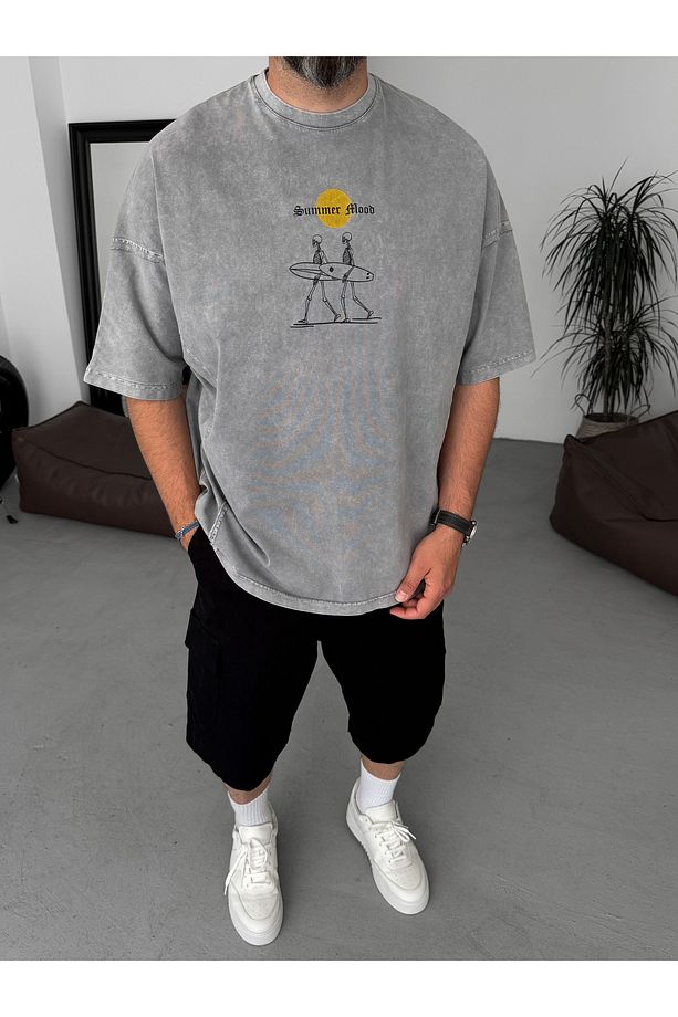 Gri Yıkamalı Summer Baskılı Oversize T-Shirt JJ-271 - 2