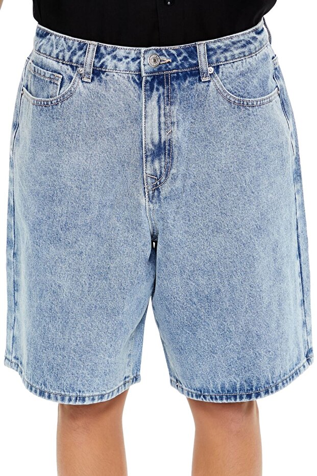 Mid-Rise Denim Baggy Şort - 3