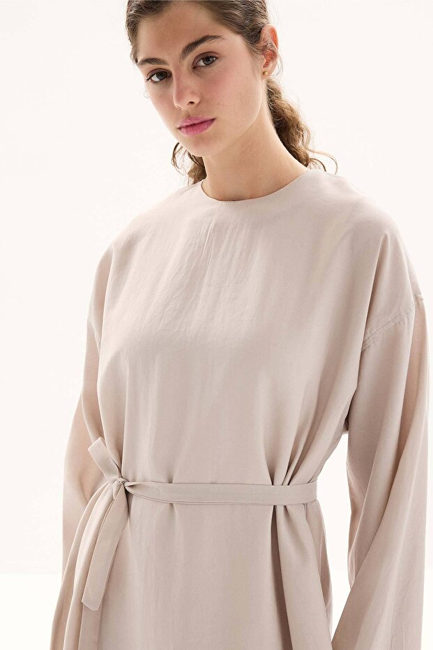 Basic Lyocell Cupra Bej Elbise - 4