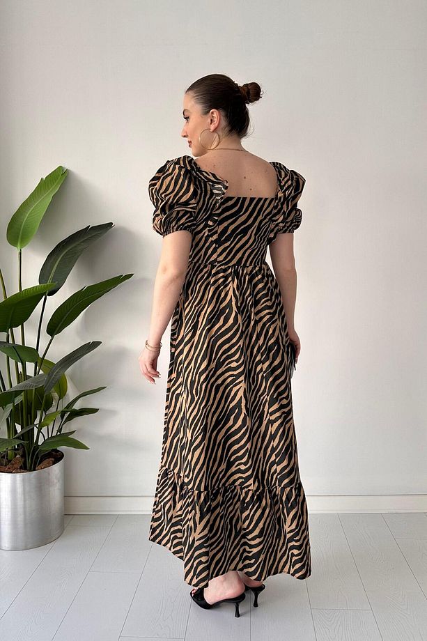 Zebra Poplin Elbise Bej - 5
