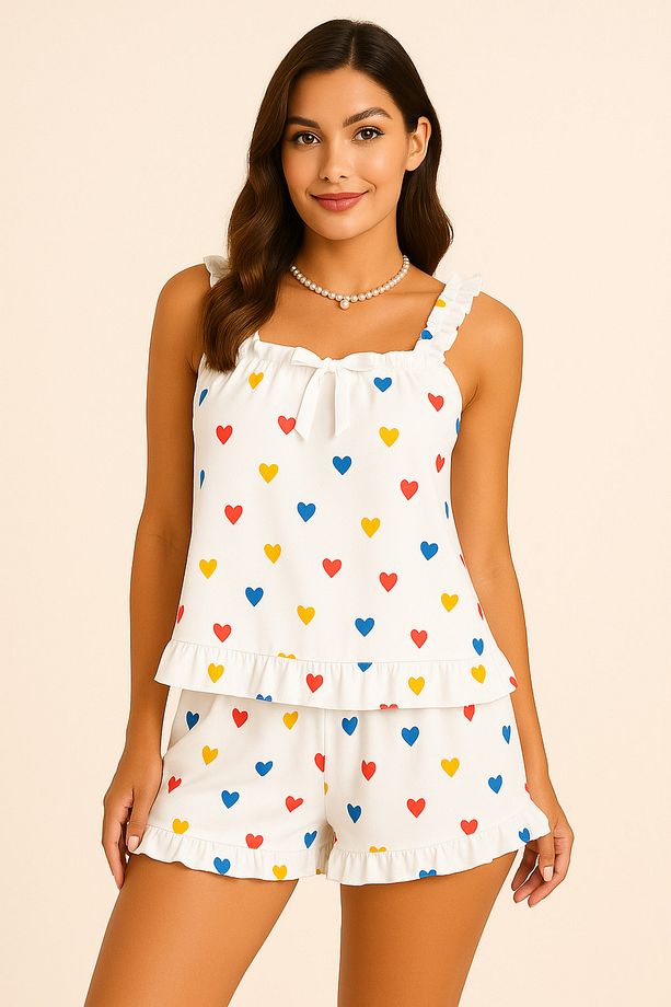 Kalp Baskılı Yumuşak Dokulu İp Askılı Şortlu Örme Pijama Takımı - 3