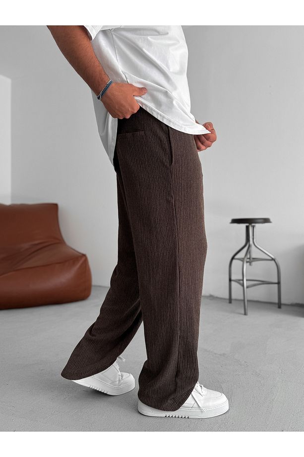 Koyu Kahve Kırçıllı Dokulu Boru Paça Pantolon JJ-234 - 3