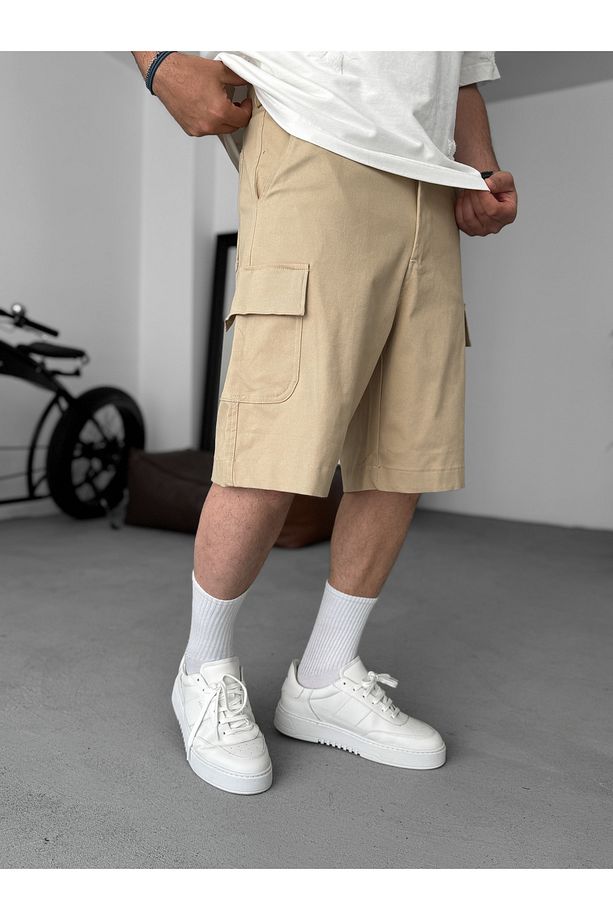 Bej Likralı Gabardin Kargo Şort PM-018 - 2