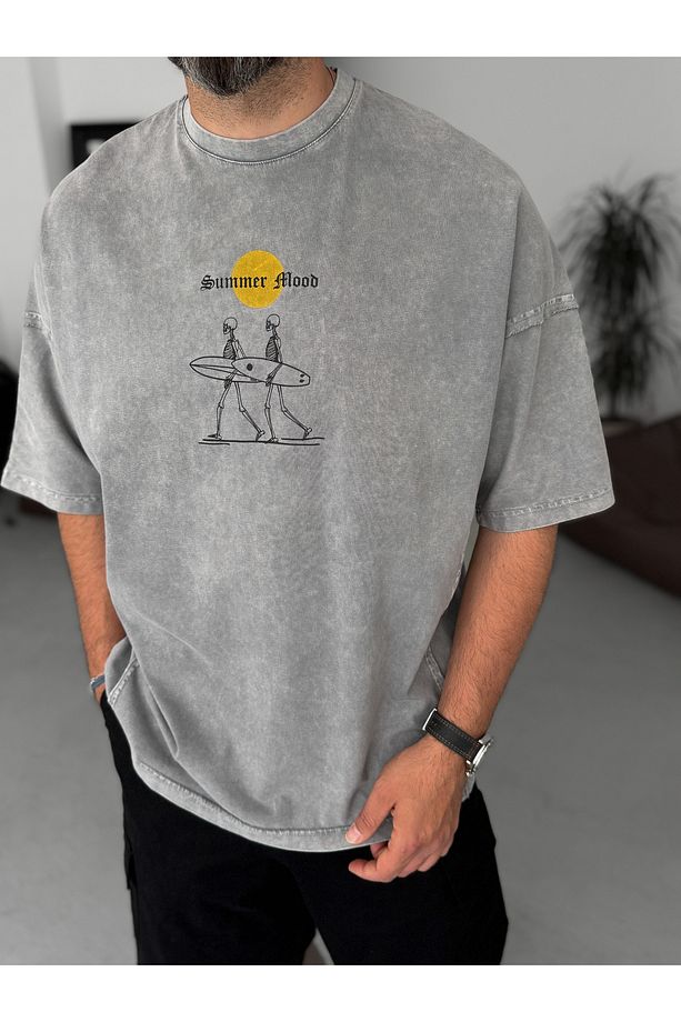 Gri Yıkamalı Summer Baskılı Oversize T-Shirt JJ-271 - 4