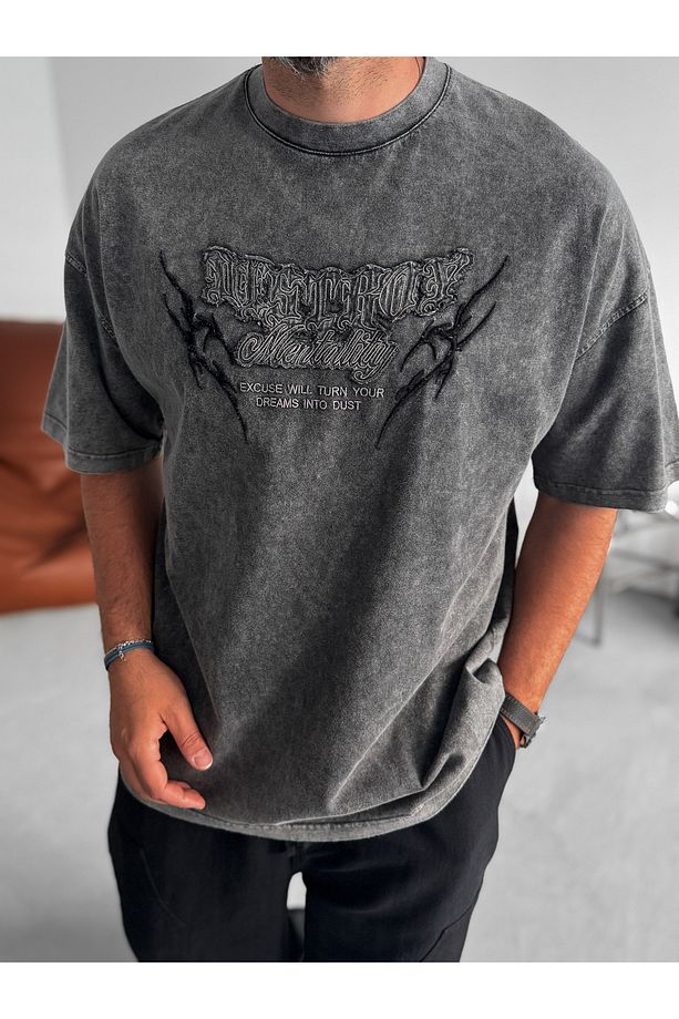 Antrasit Mentality Yıkamalı Oversize T-Shirt JJ-159 - 4