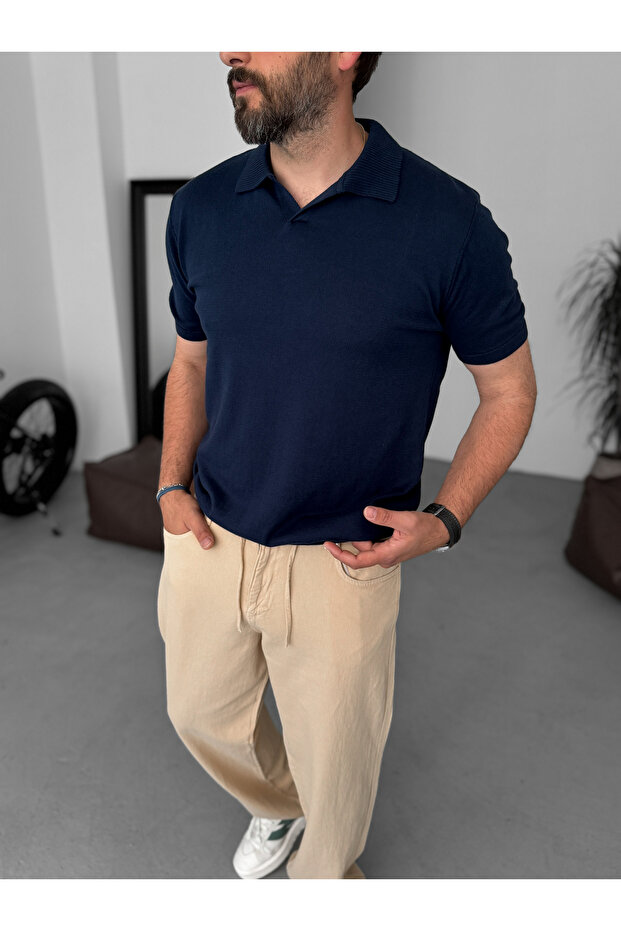 Lacivert Basic Polo Yaka Triko T-Shirt G-17190 - 1