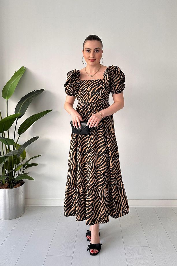 Zebra Poplin Elbise Bej - 3