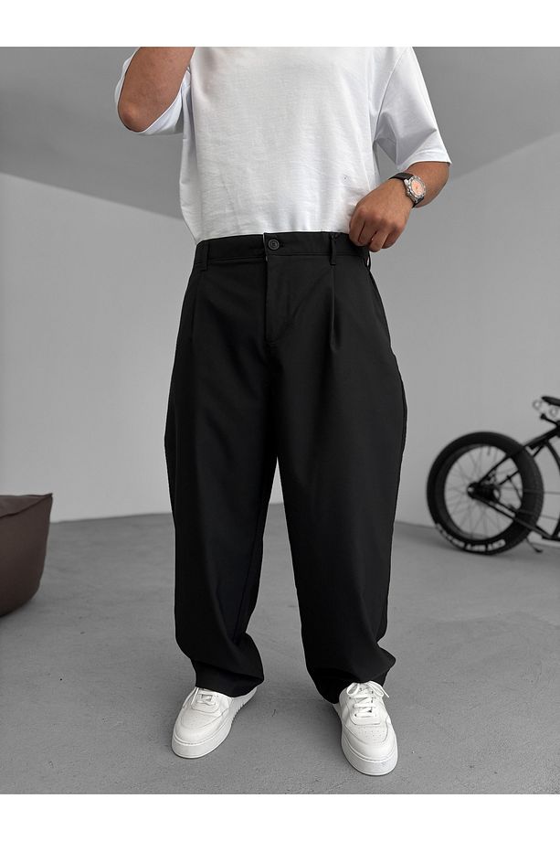 Siyah Pileli Kumaş Baggy Pantolon C-05 - 1