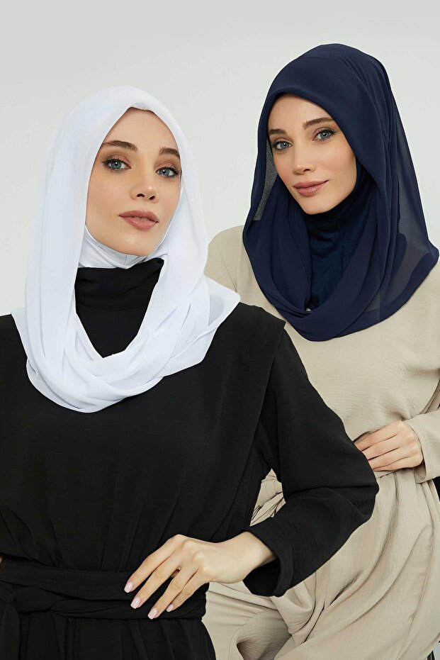 مجموعة من 2 وشاح شيفون عملي من القطن الممشط، أبيض - أزرق داكن، PS-45SET