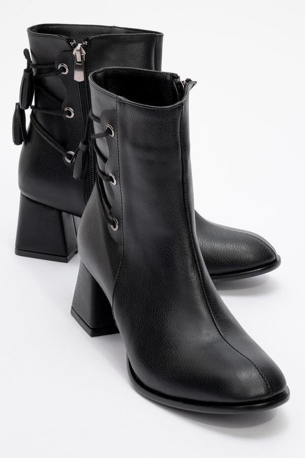 Lace Detailed Zippered Women's Heeled Boots Black Skin