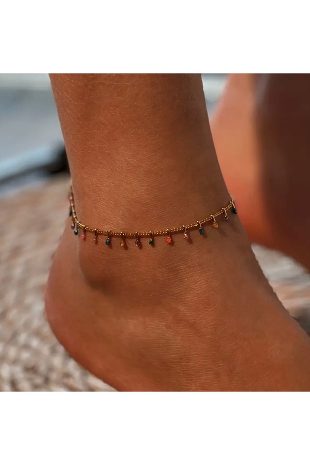 Elegant Gold Tone Stainless Steel Colorful Beaded Double Layer Foot Bracelet Guaranteed No Tarnish