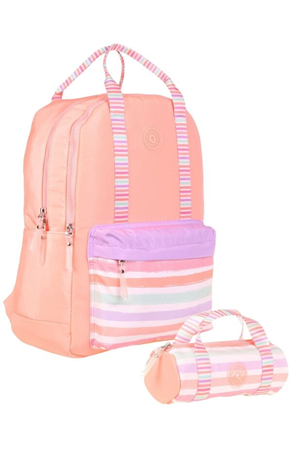 Double School Bag Set - School Bag + Pen Holder - Salmon - Stripe Pattern - for Girls