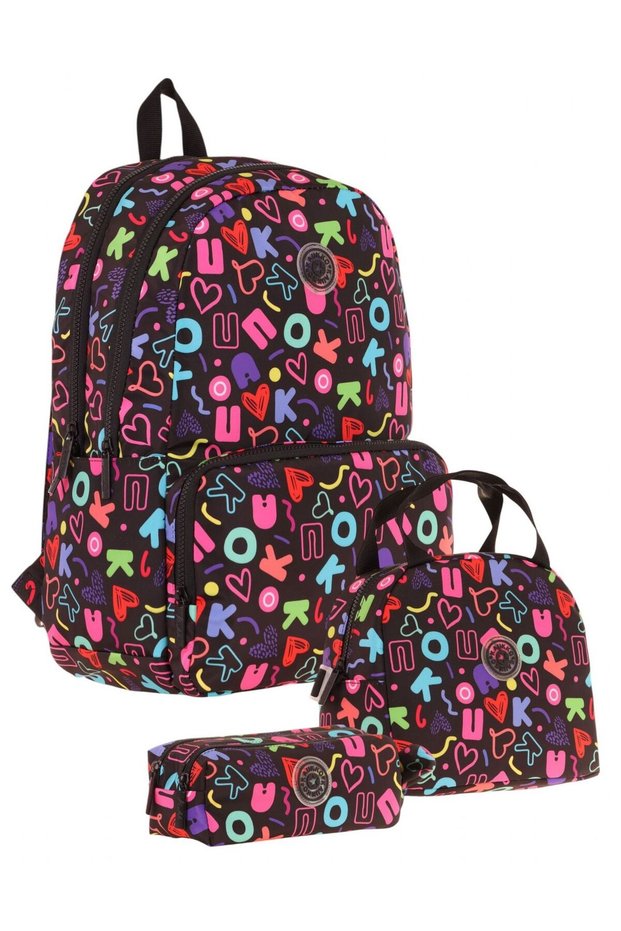 Brocade Triple School Bag Set - Black - Heart and Kaukko Printed - Girl