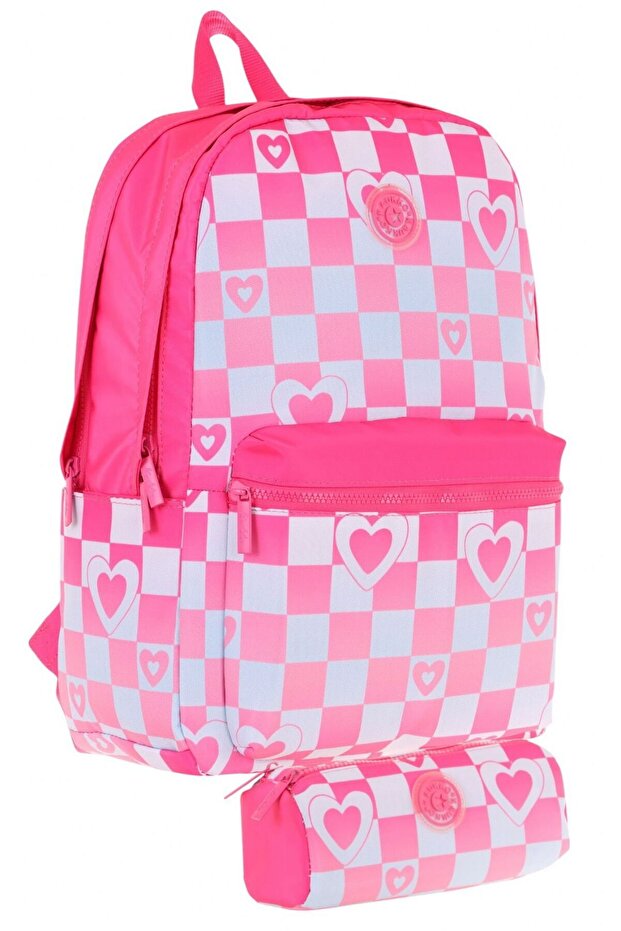 Nature Checkerboard and Heart Patterned Pink Girl's School Bag and Pen Holder School Set