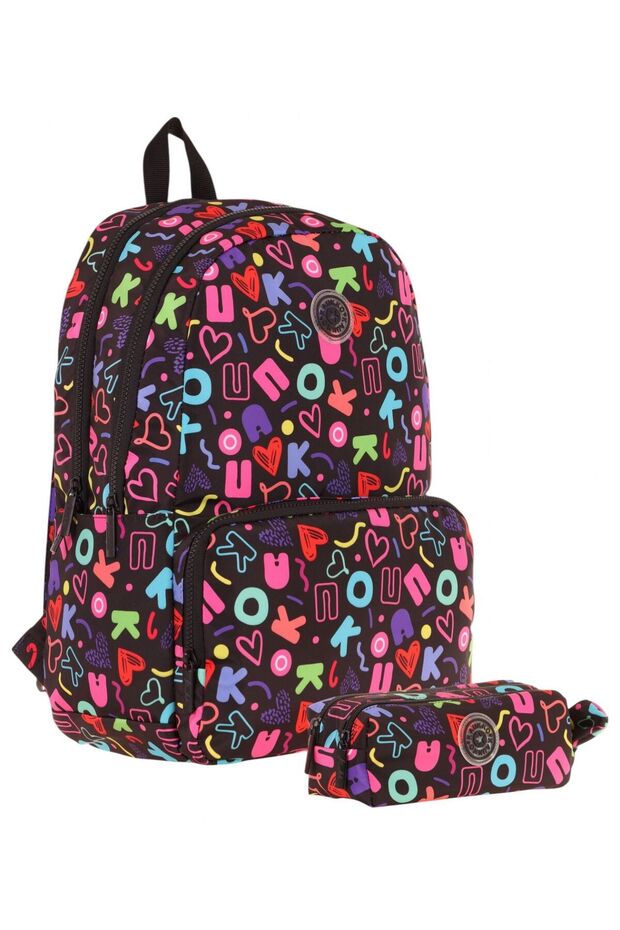 Brocade Heart and Kaukko Printed Black Girl's School Bag and Pen Holder Set