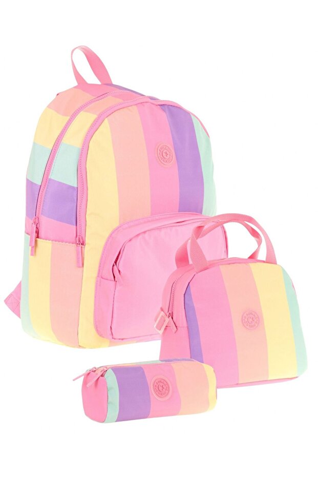 Rainbow Pink Multicolor Striped Girls' Triple Primary and Secondary School Bag Set