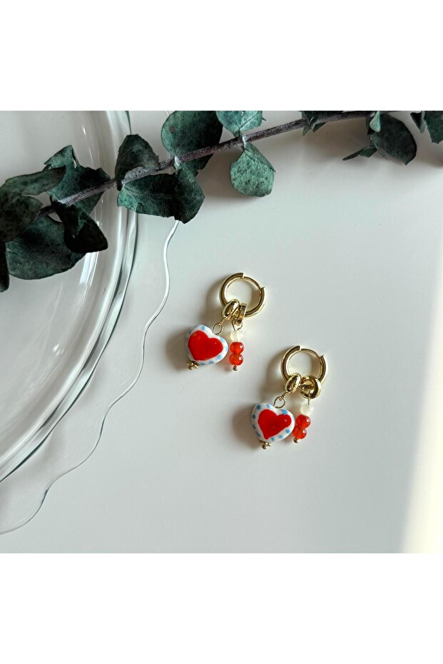 Ceramic Beaded Heart Charm Hoop Earrings
