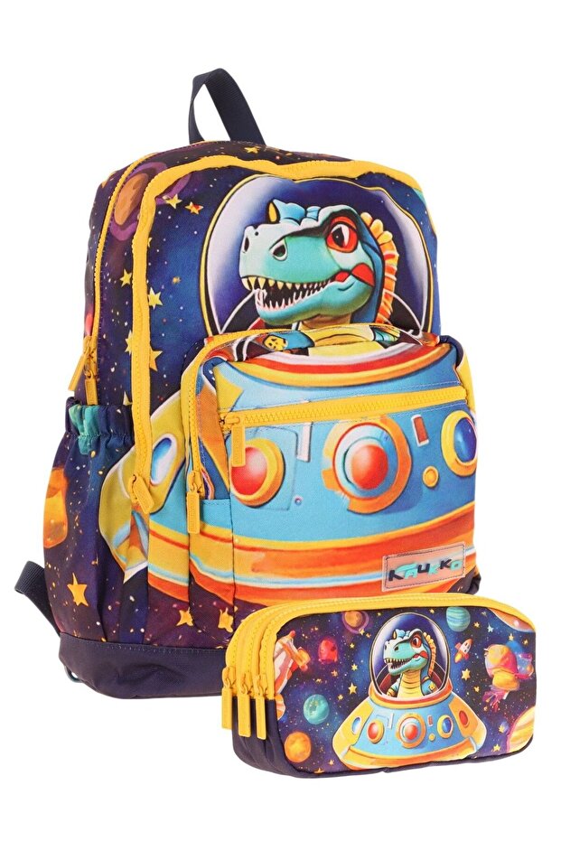 Kids Layer Boy's School Bag + Pencil Bag Set (Blue Yellow - Astronaut Dinosaur)