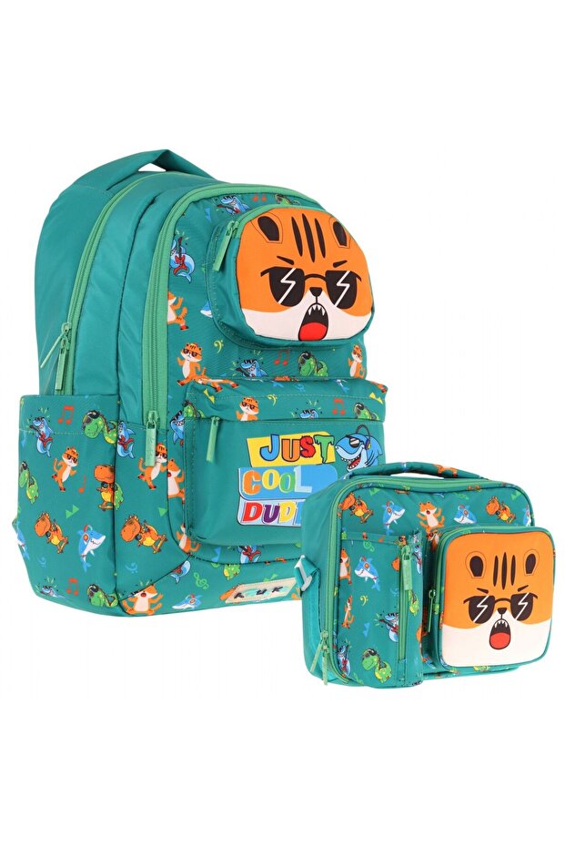Boys' 3D Lion Shaped Green School Backpack and Thermal Insulated Lunch Bag Set