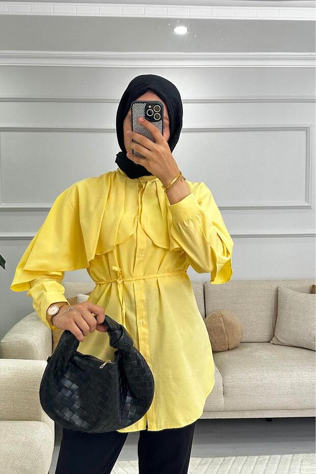 Women's Cape with Belt Detail, High Neck Hijab Shirt, Length: 1.67 Kg: 62 S/M as Pictured