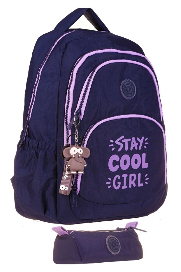 Crinkle School Backpack and Pen Holder Set - Navy Blue Purple - Girl (K1680+K2645)
