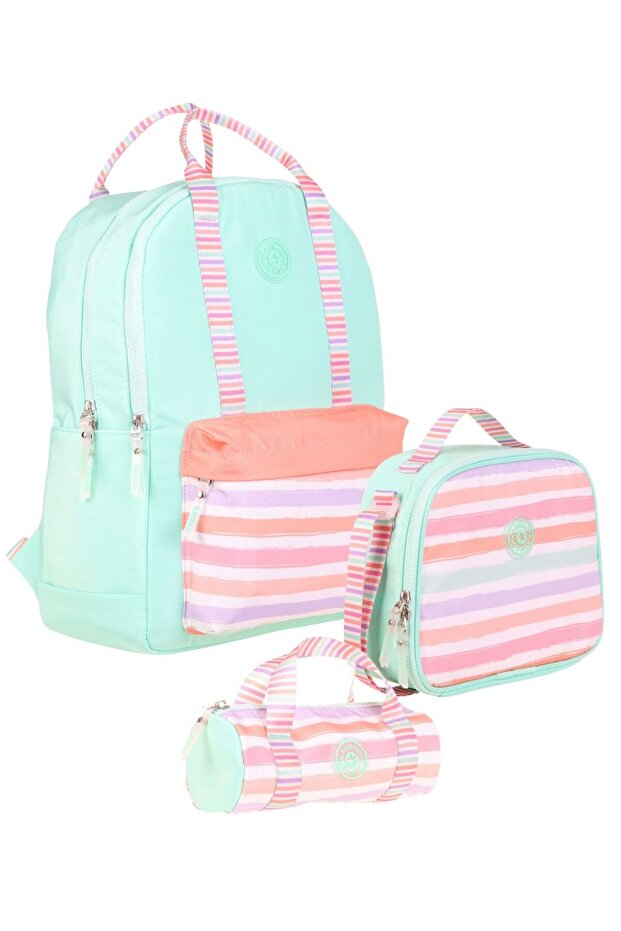 Double Stripe Girl's Primary School Triple School Bag Set - Water Green Pink - Stripe Pattern