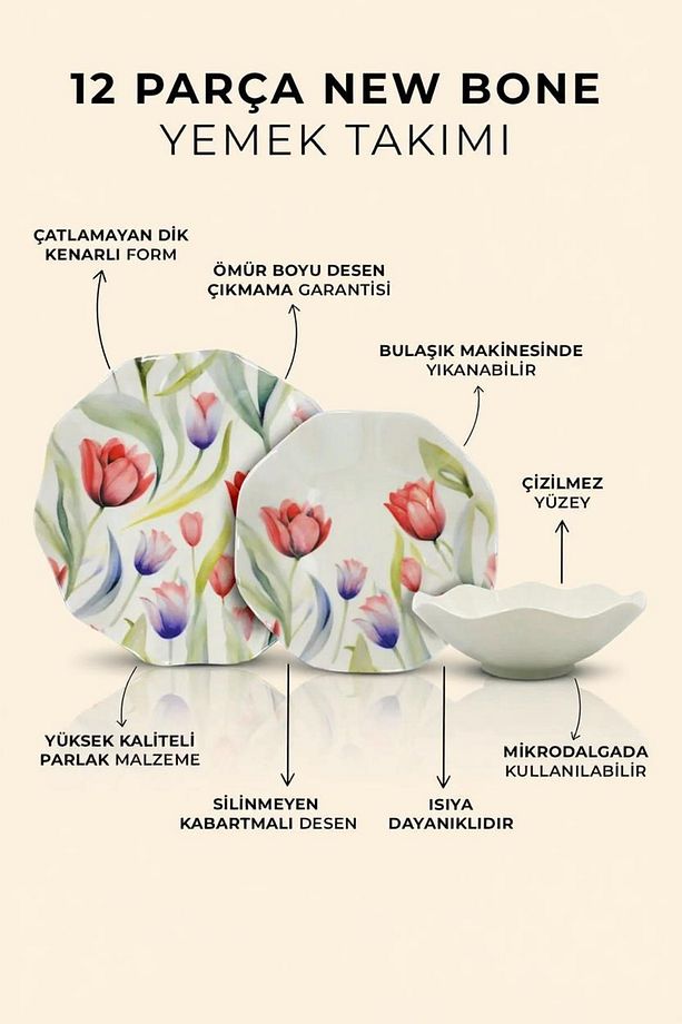 12 Parça 4 Kişilik Çiçek Desenli Porselen Yemek Takımı – Çorba, Yemek ve Servis Tabağı Seti - 2