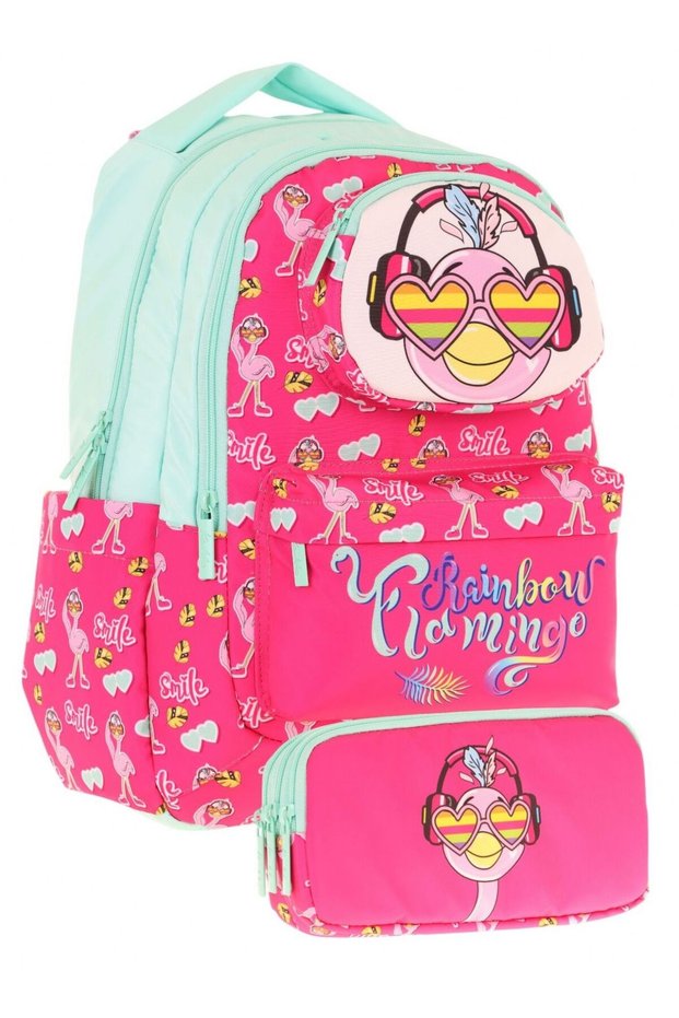 Toys Girl Red Green 3D Flamingo Shaped Primary School Bag and Pen Holder Set (L5235+L8235)