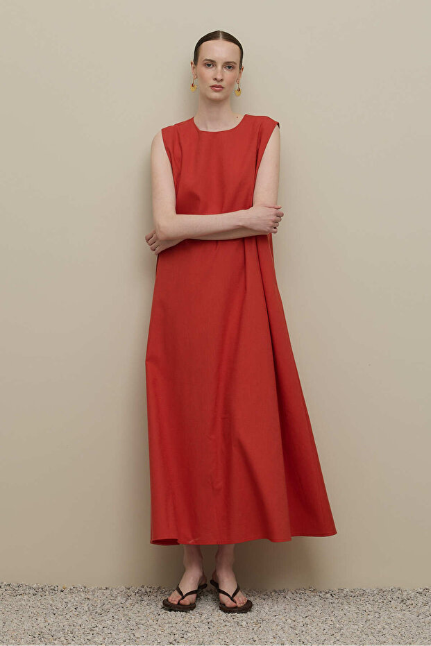 Kalın Askılı Basic Keten Elbise Kırmızı - 2