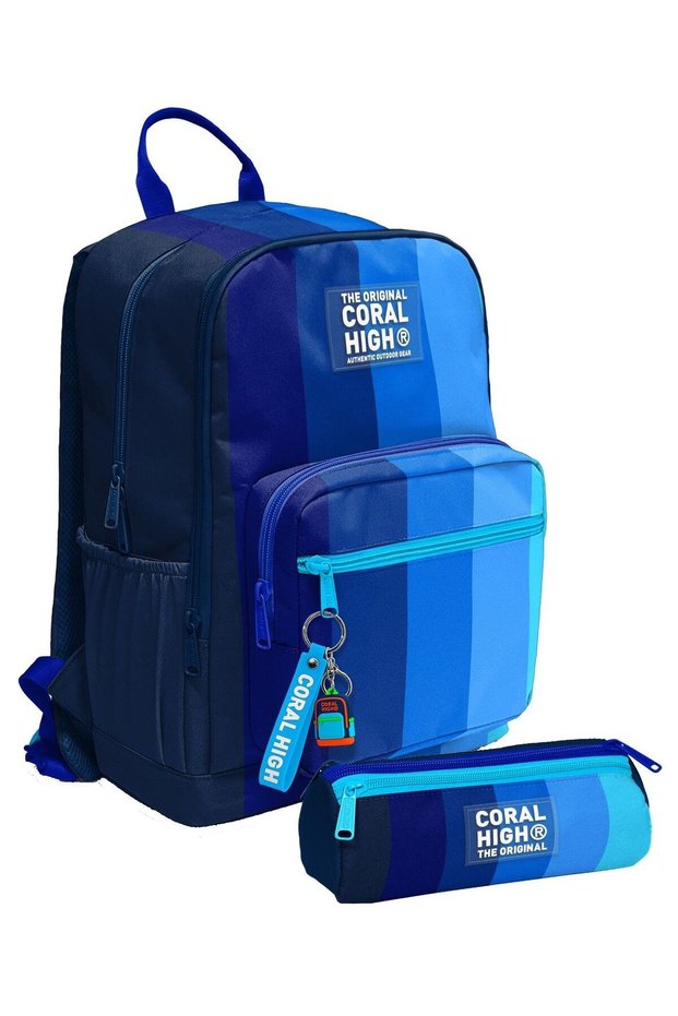 Boy's Backpack and Pen Holder Set - Navy Blue Color Transition Stripes - Primary School