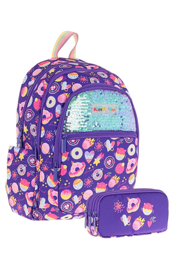 Girl's School Bag and Three Compartment Pen Holder Set (Purple - Sequin Candy) - (L5216+L8216)