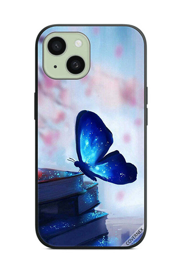 غطاء حماية لهاتف Apple iPhone 15 Plus بتصميم فراشة جالسة على الكتب