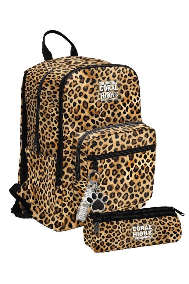 Girl's Backpack and Pen Holder Set - Brown Leopard - Primary School