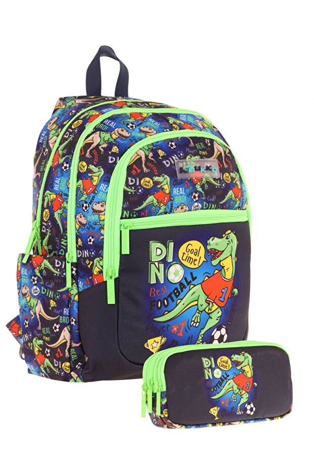 Bag Boys Dinosaur Printed School Bag and Pencil Case Set (L5266+Kk-L8266) - Black Green