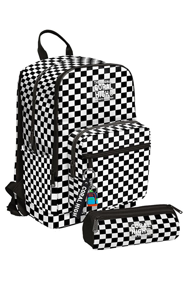 Girl's Backpack and Pen Holder Set - Black and White Checkered - Primary School