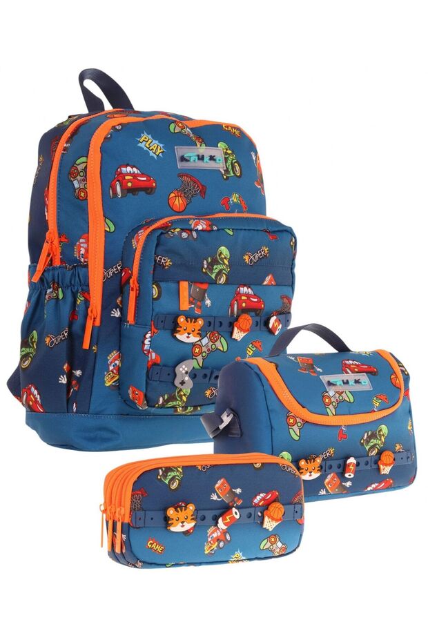 Triple Primary School 1.2.3.4. Classroom School Bag Set - Navy Blue Orange - Men - with Silicone Accessories