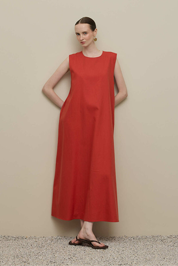 Kalın Askılı Basic Keten Elbise Kırmızı - 5
