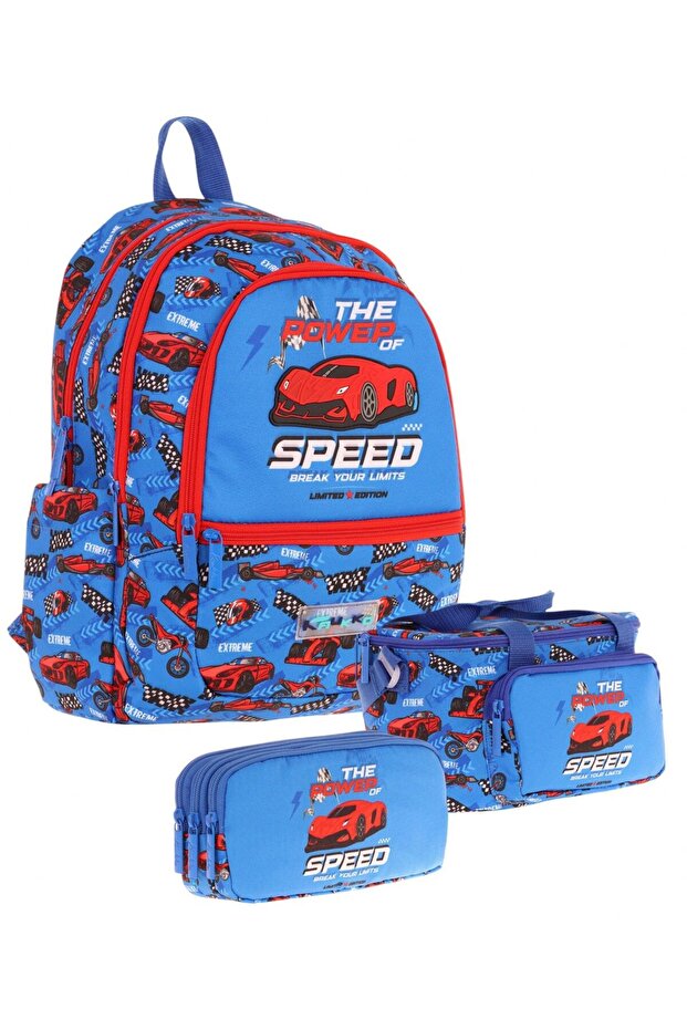 Triple Boy's Primary School School Bag Set (L5268+L7268+L8268) Blue Red - Race Car
