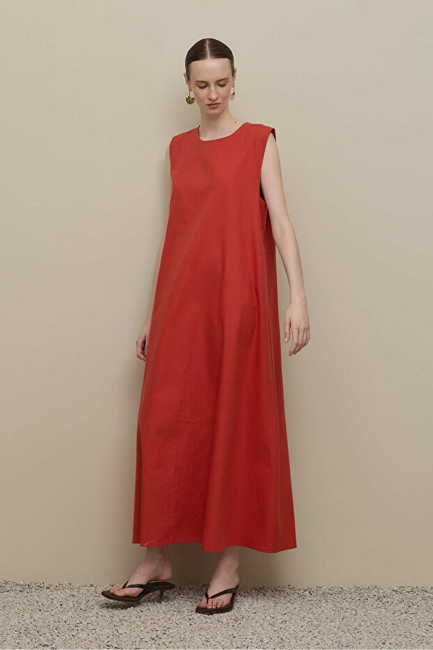 Kalın Askılı Basic Keten Elbise Kırmızı - 6