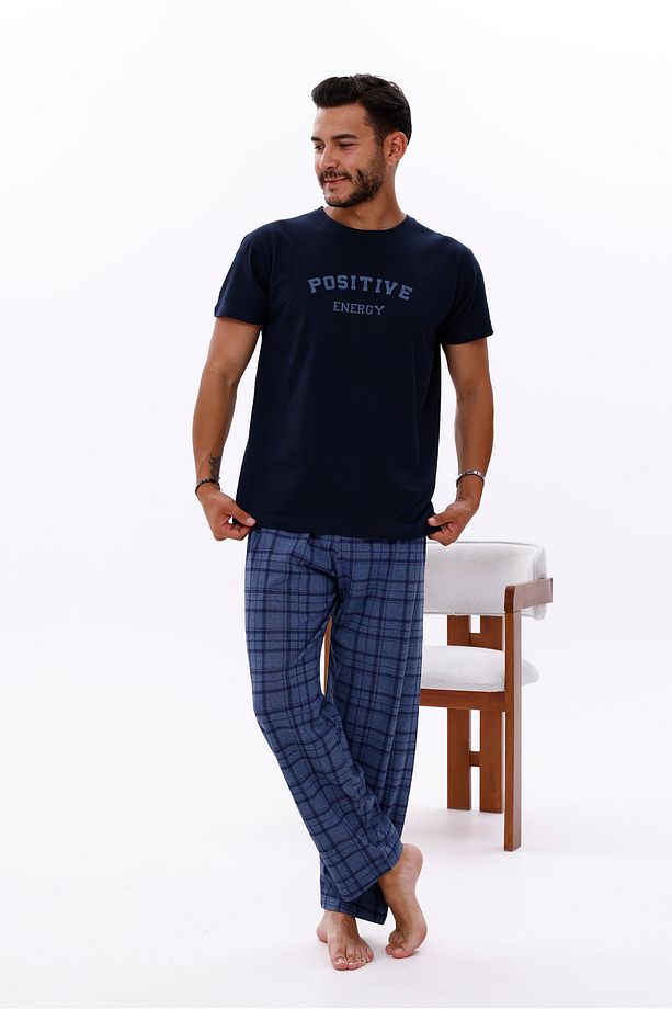 Erkek Ekose Baskılı Pamuklu Kısa Kollu Yazlık Pijama Takımı - 3