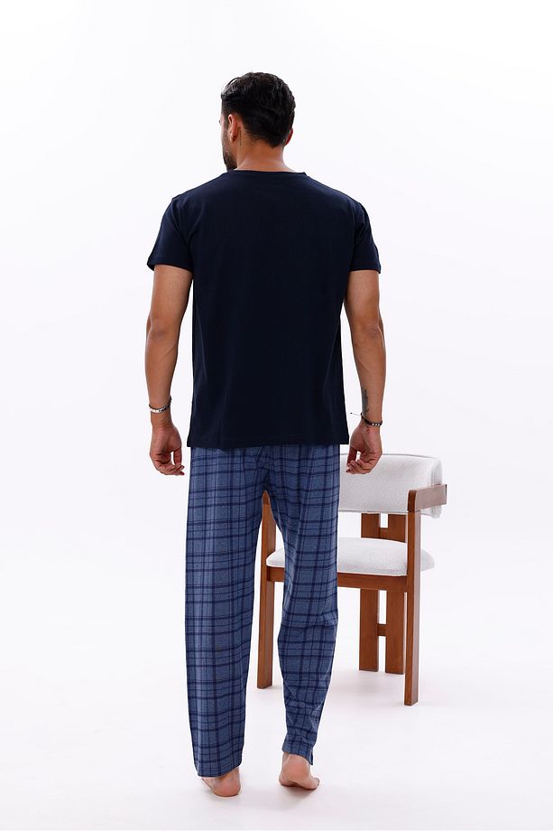 Erkek Ekose Baskılı Pamuklu Kısa Kollu Yazlık Pijama Takımı - 5