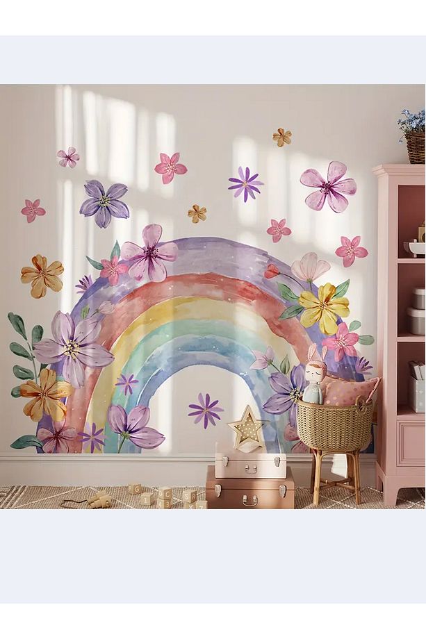 Suluboya Çiçek Desenli Gökkuşağı ve Çiçekler, Bebek Çocuk Odası, Dolap, Duvar Sticker 50 x 100 cm - 5