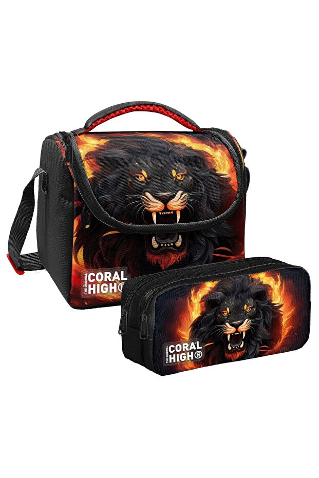 طقم حقيبة غداء حرارية للأولاد باللون الأسود من Roaring Lion وحامل أقلام بقسمين