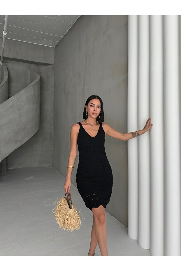 Μαύρο Μίνι Πλεκτό Φόρεμα Παραλίας - 2